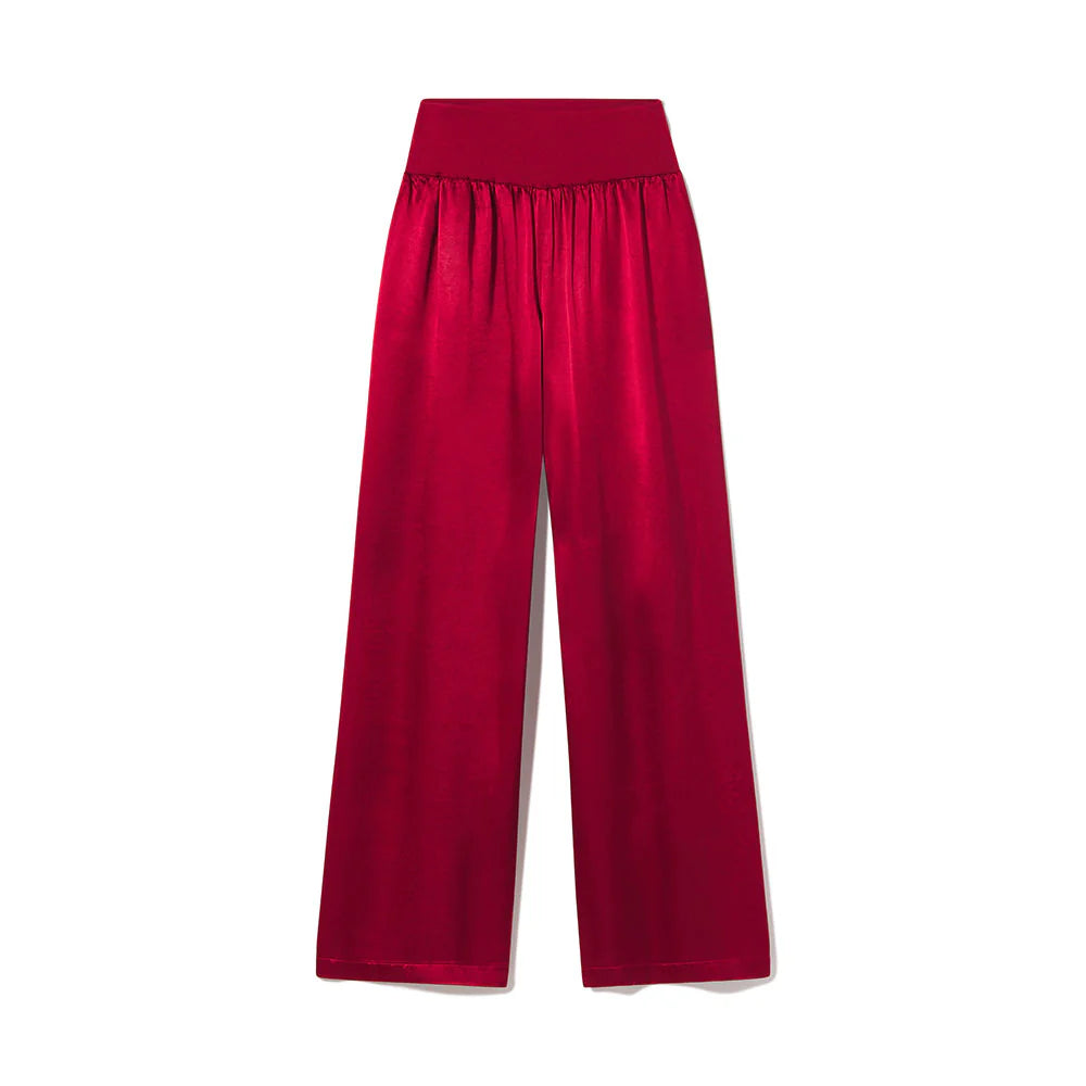 Lola Satin Pant With Rib Knit Foldover Waistband - Red