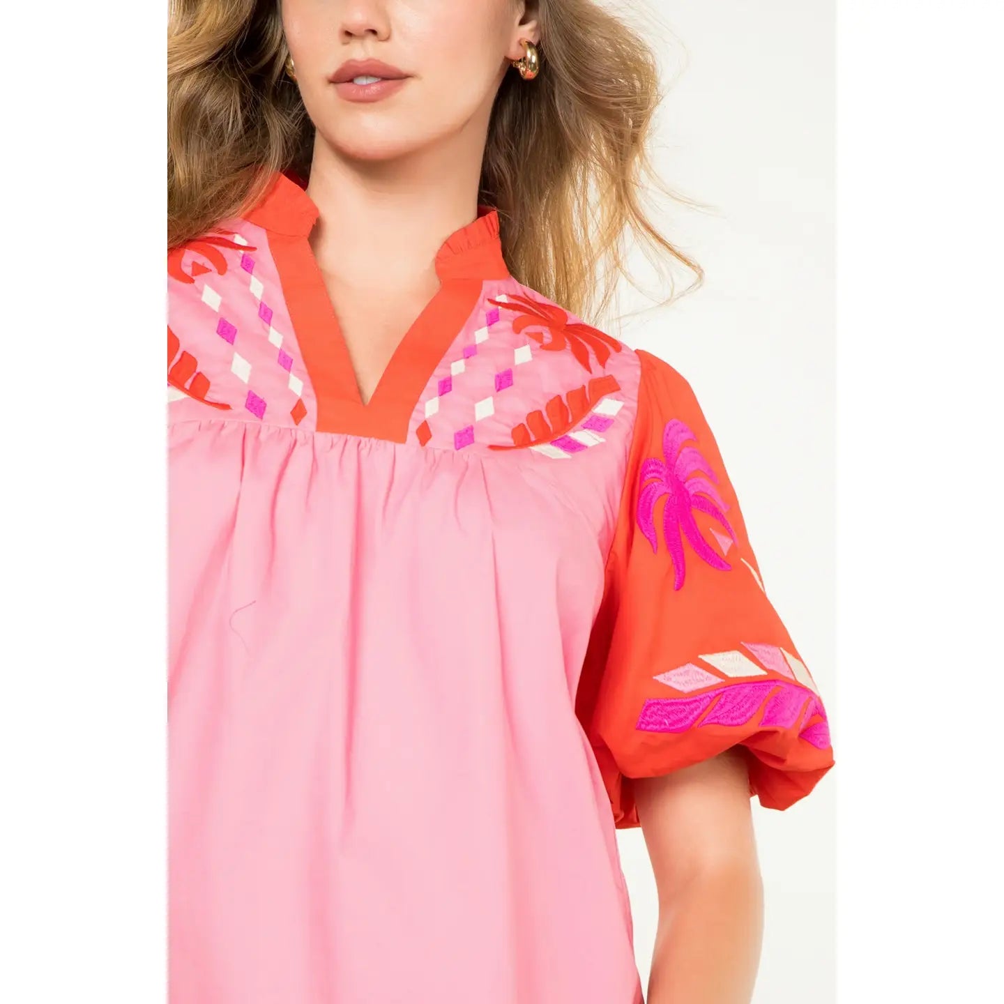 Diana Puff Sleeve Embroidered V-Neck Top