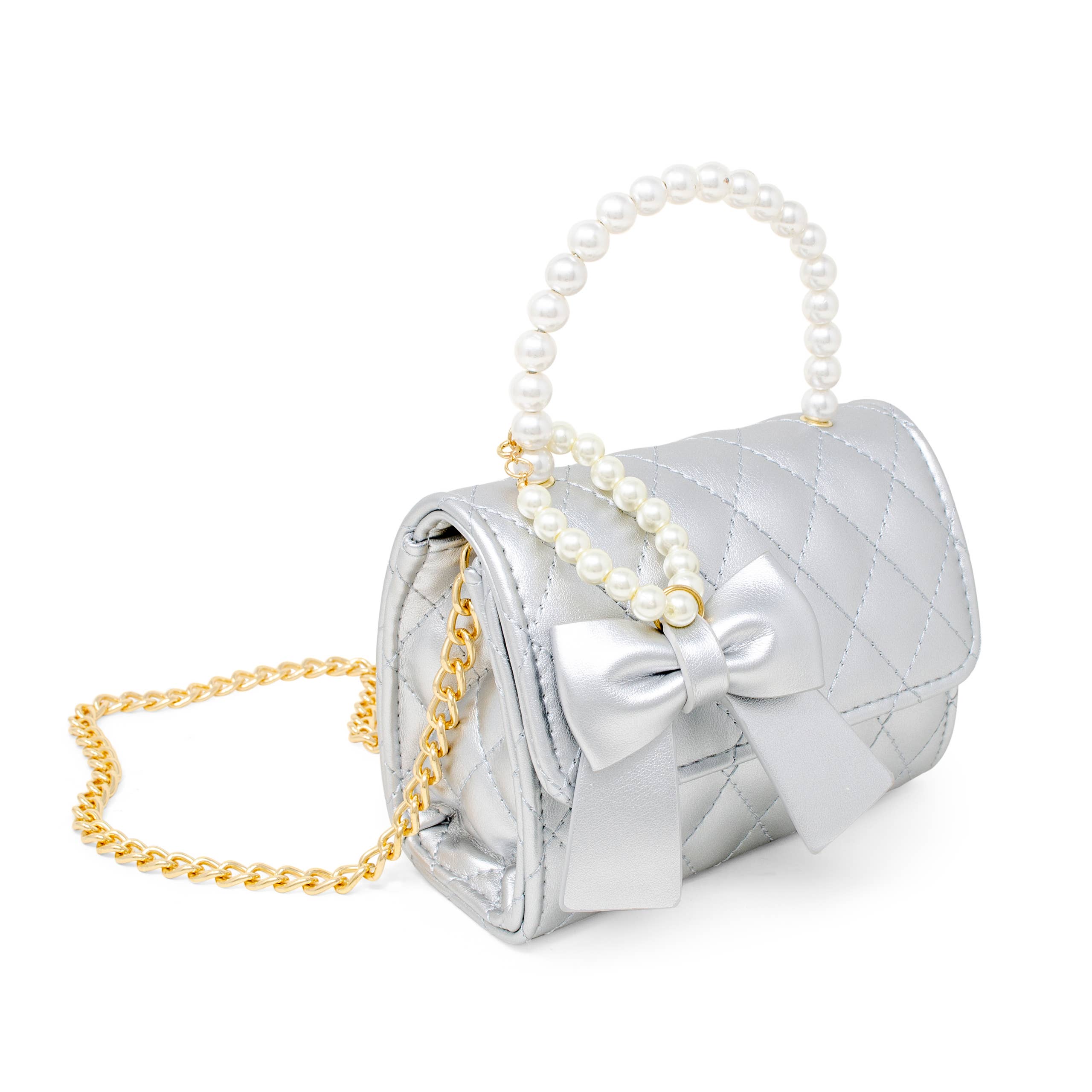 Quilted Pearl Handle Bow Ribbon Handbag