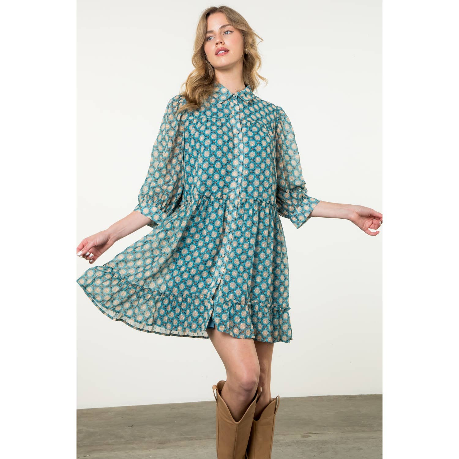 Teal Short Sleeve Print Dress