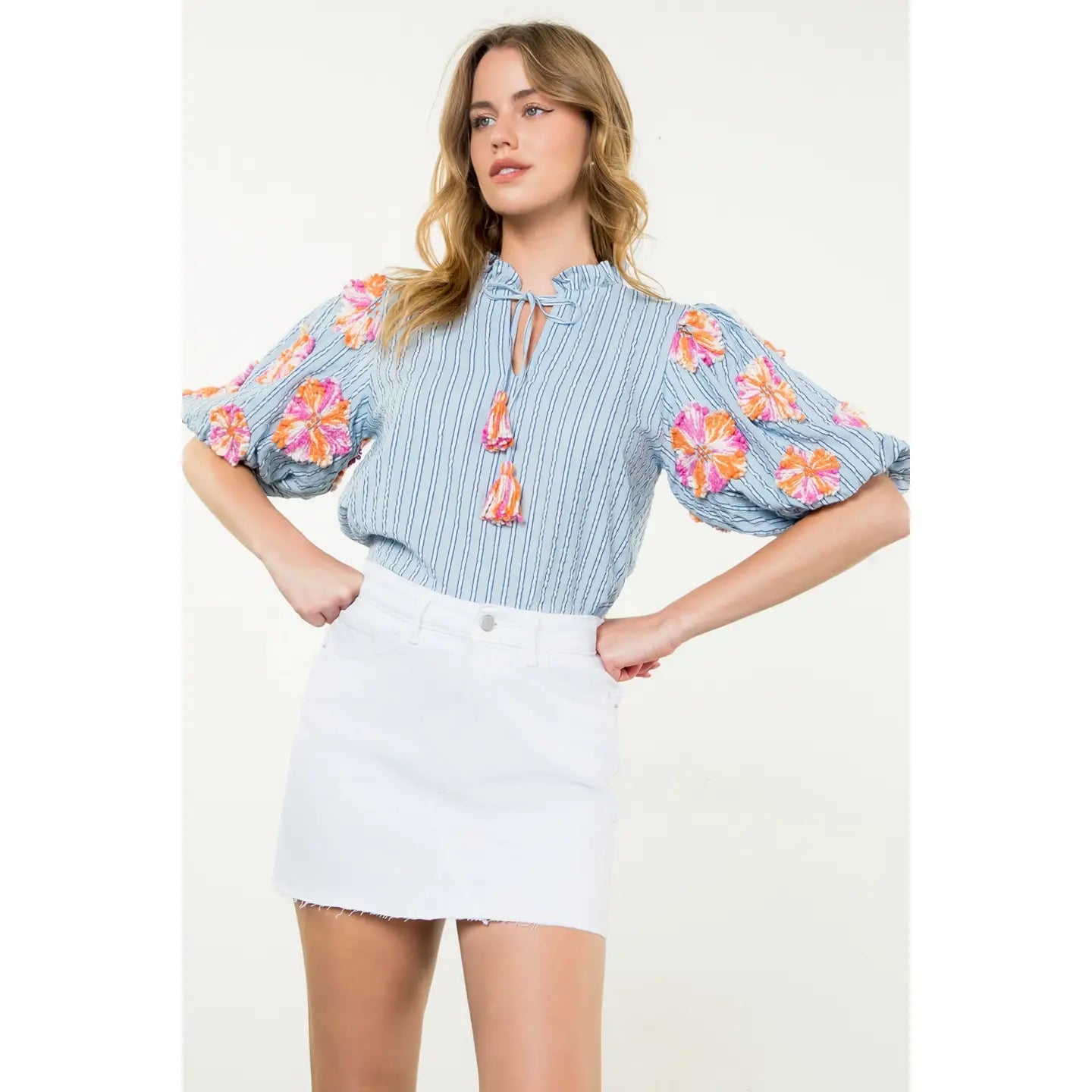 Daria Hand Embroidered Puff Sleeve Stripe Top