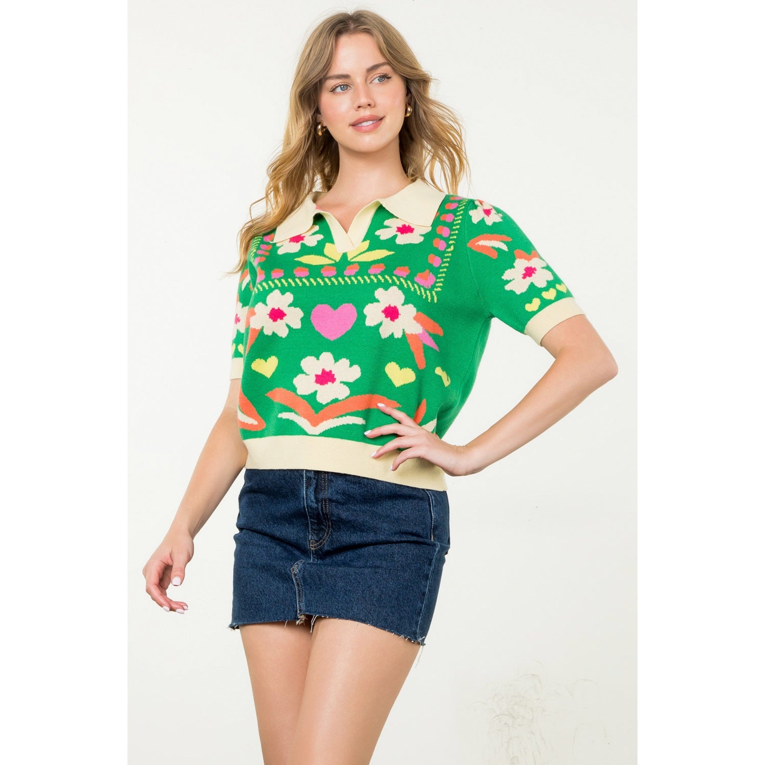 Darcy Flower Knit Short Sleeve Sweater Top