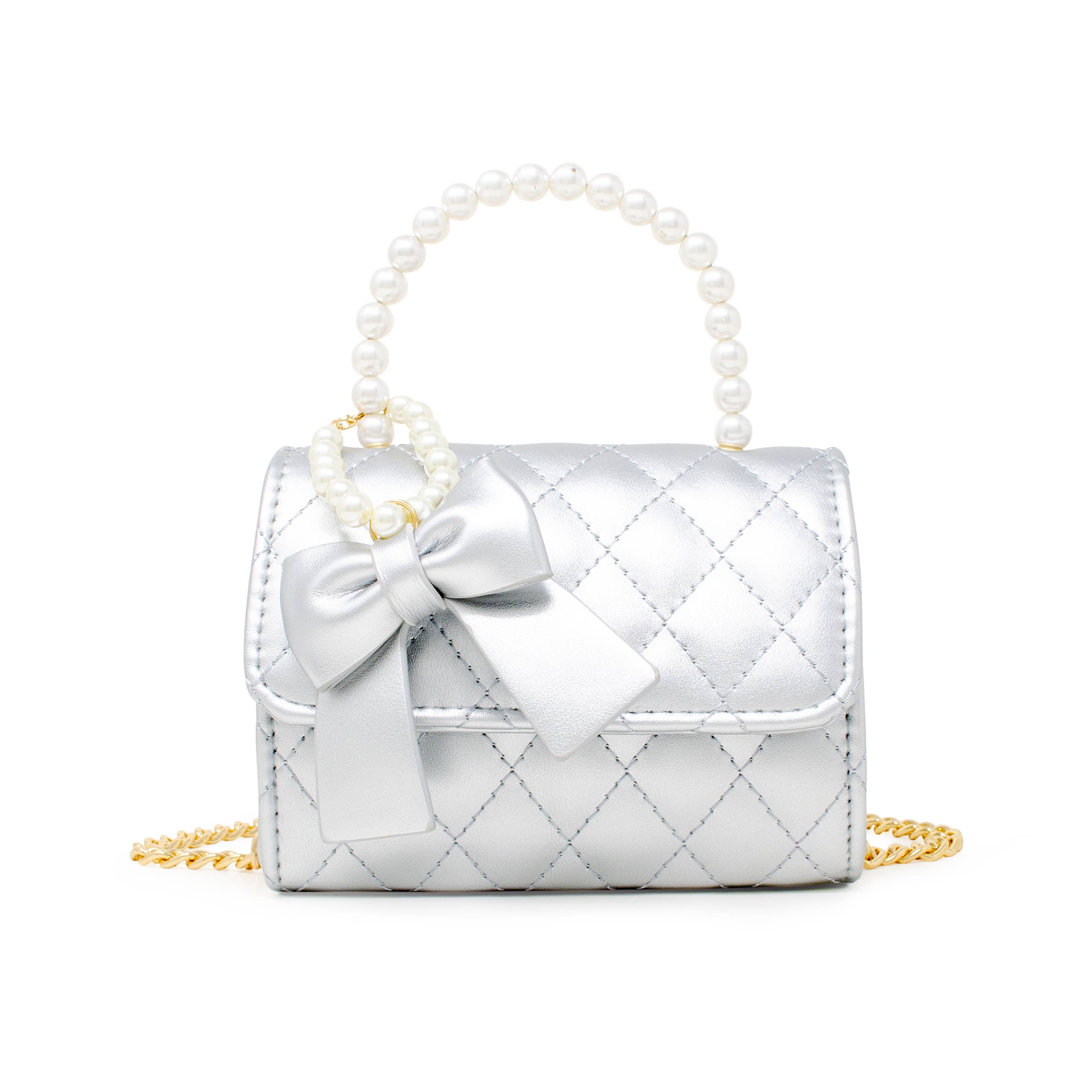 Quilted Pearl Handle Bow Ribbon Handbag