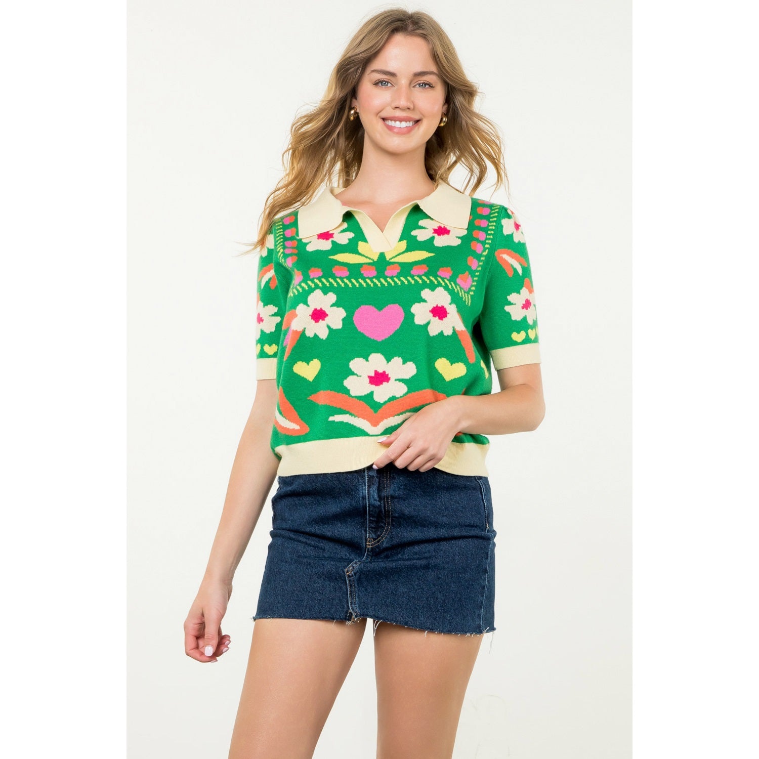 Darcy Flower Knit Short Sleeve Sweater Top