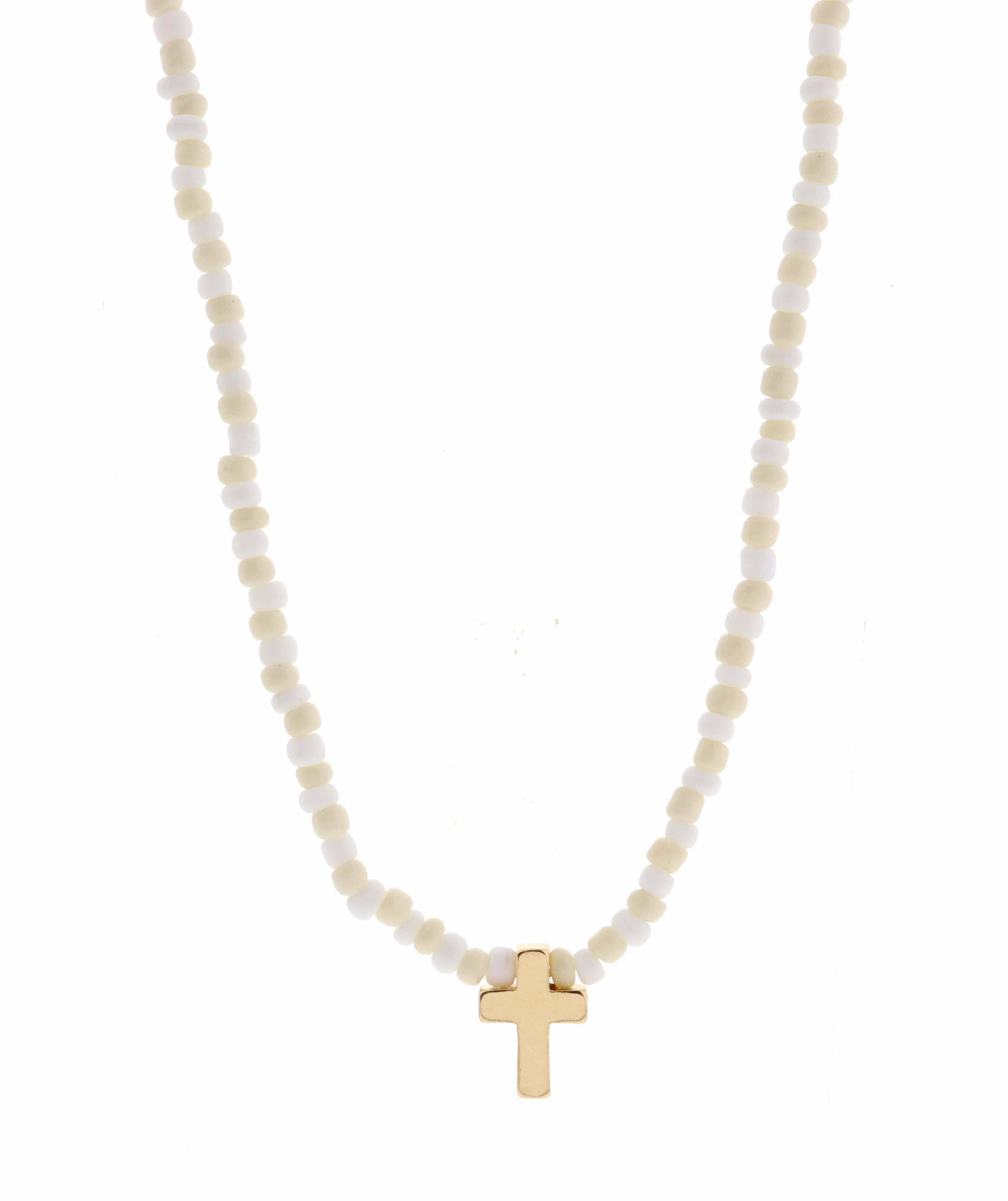 Kids 14" White Seed Bead with Cross Necklace, 3" Ext.