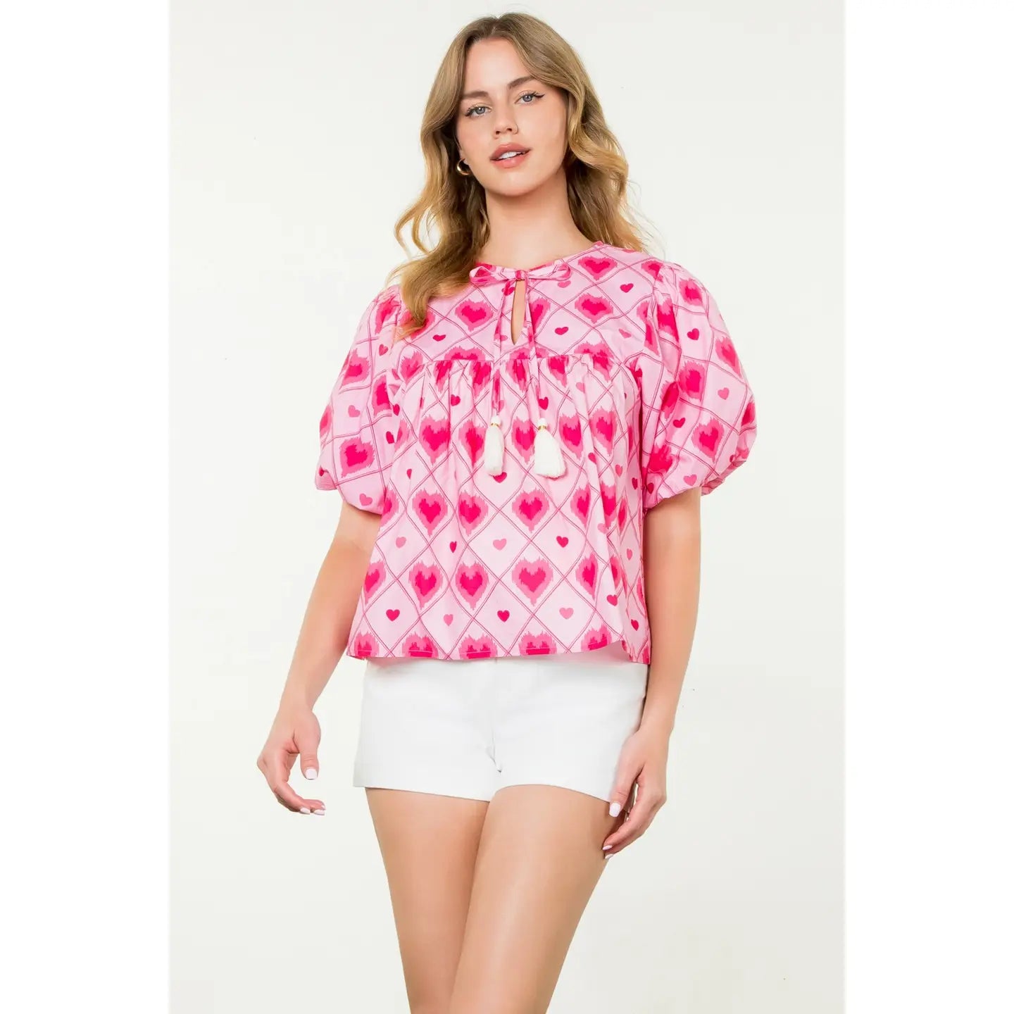 Delia Puff Sleeve Heart Print Top