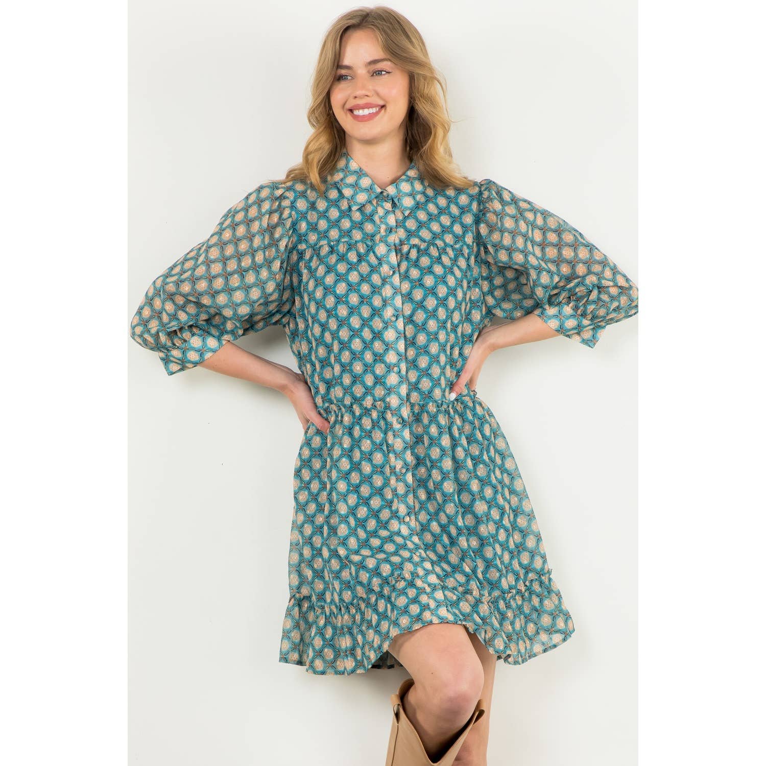 Teal Short Sleeve Print Dress