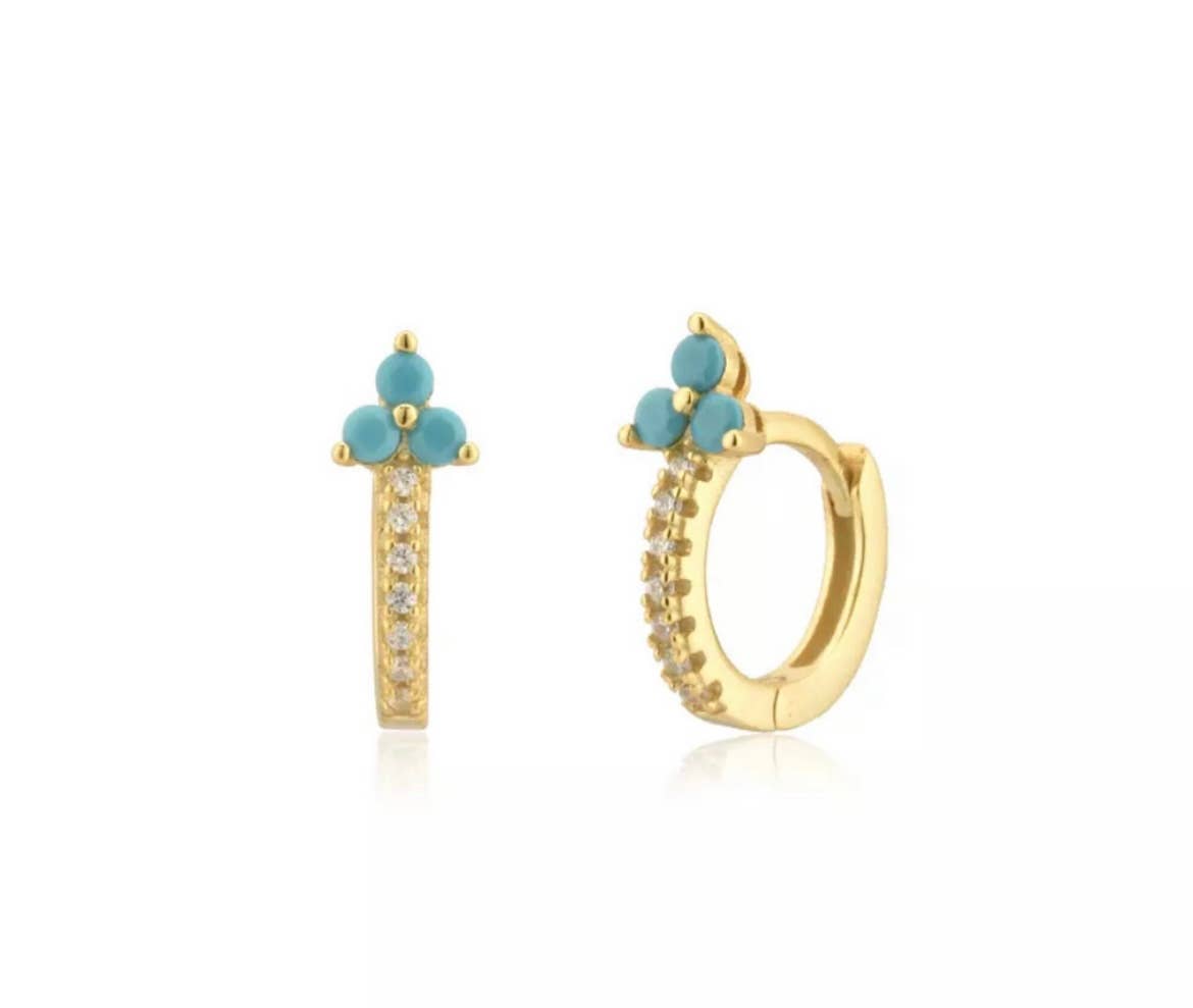 Turquoise and Clear Pave Huggie Hoop Earrings