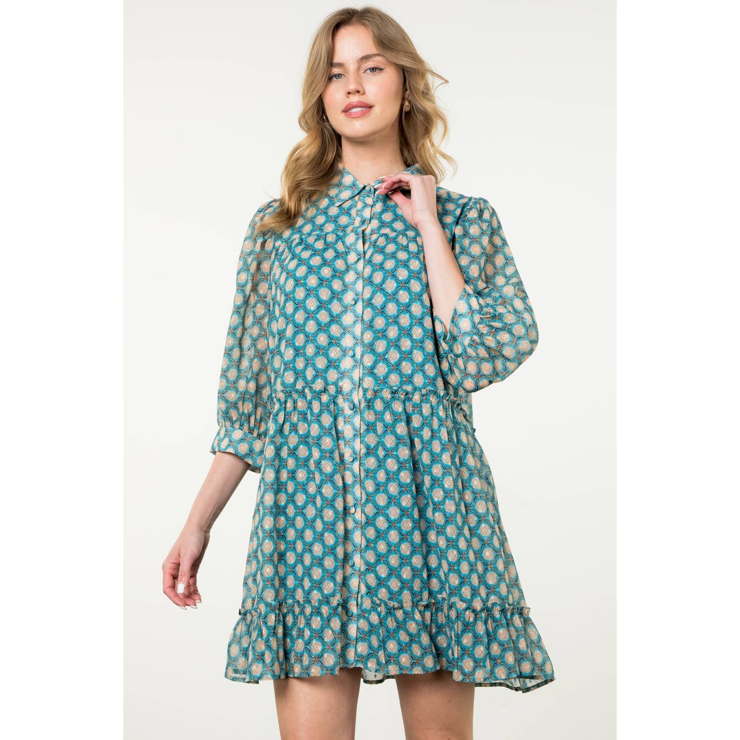 Teal Short Sleeve Print Dress