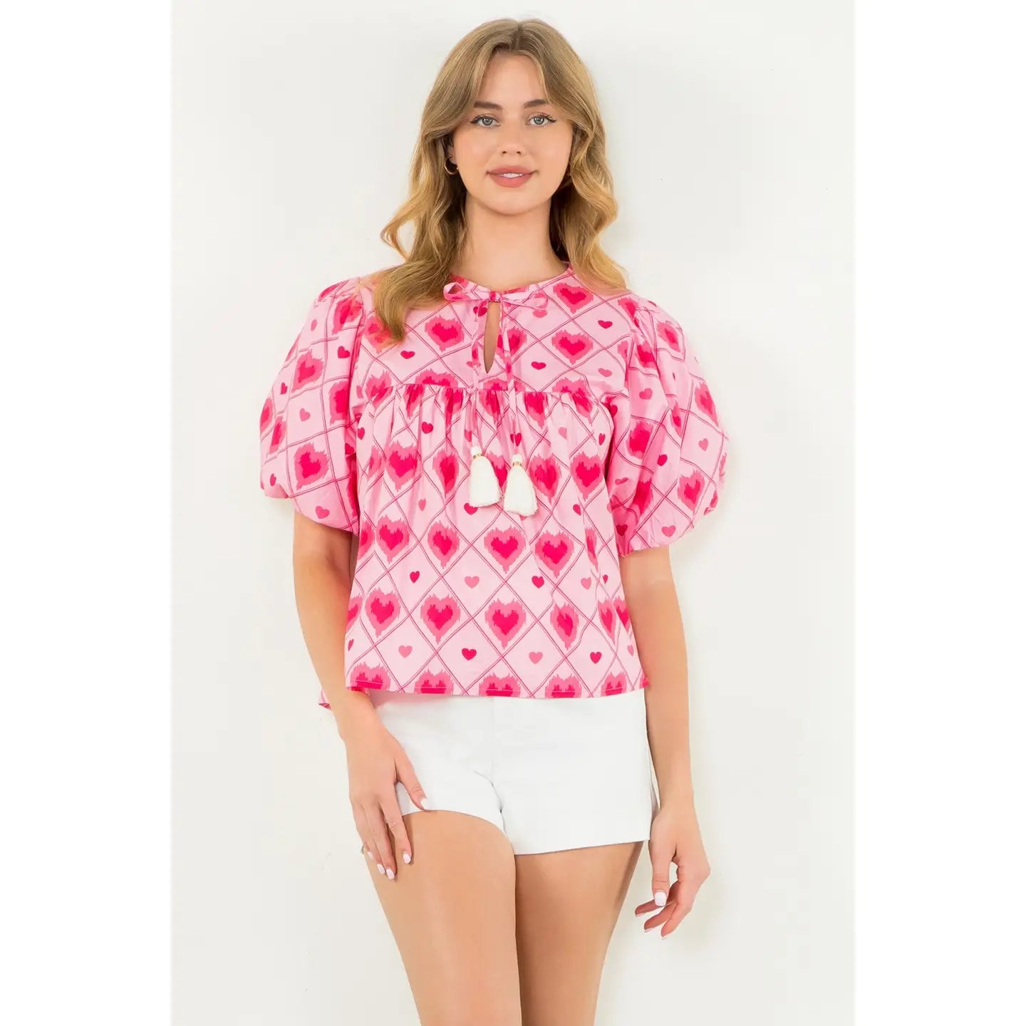 Delia Puff Sleeve Heart Print Top