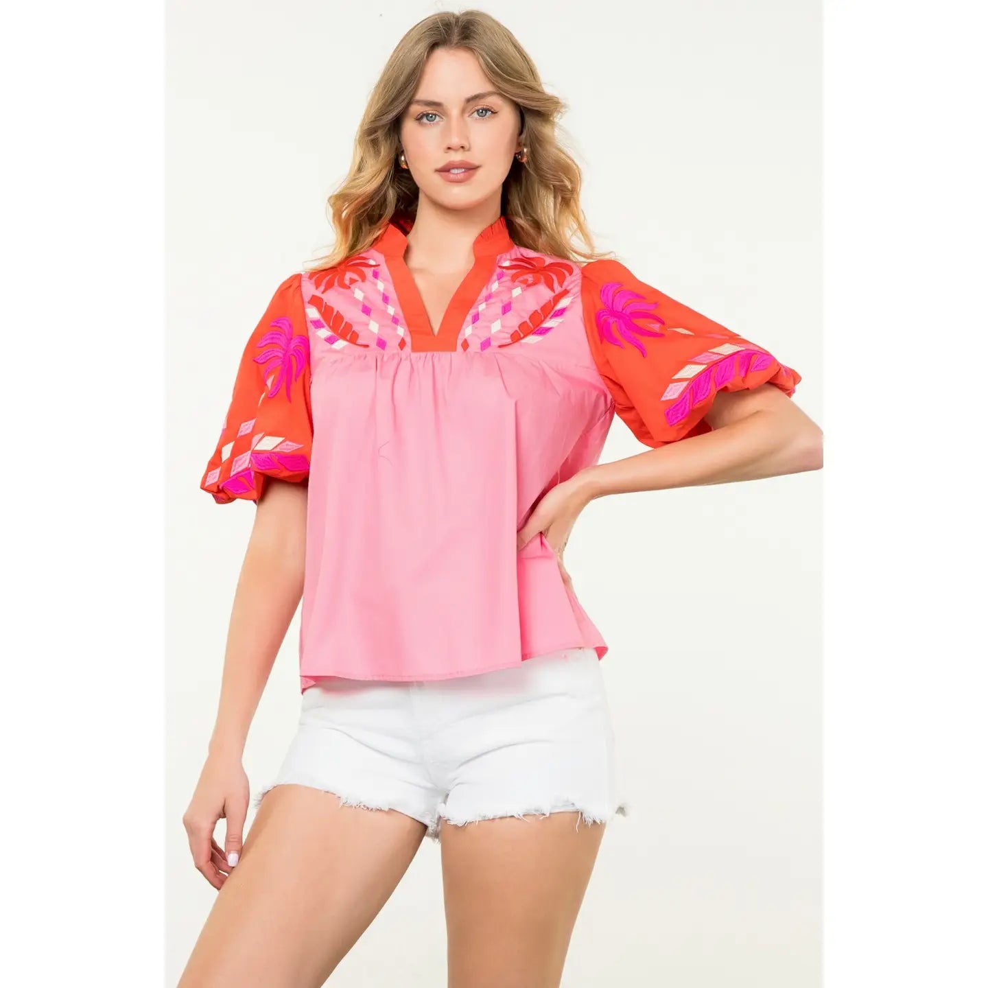 Diana Puff Sleeve Embroidered V-Neck Top