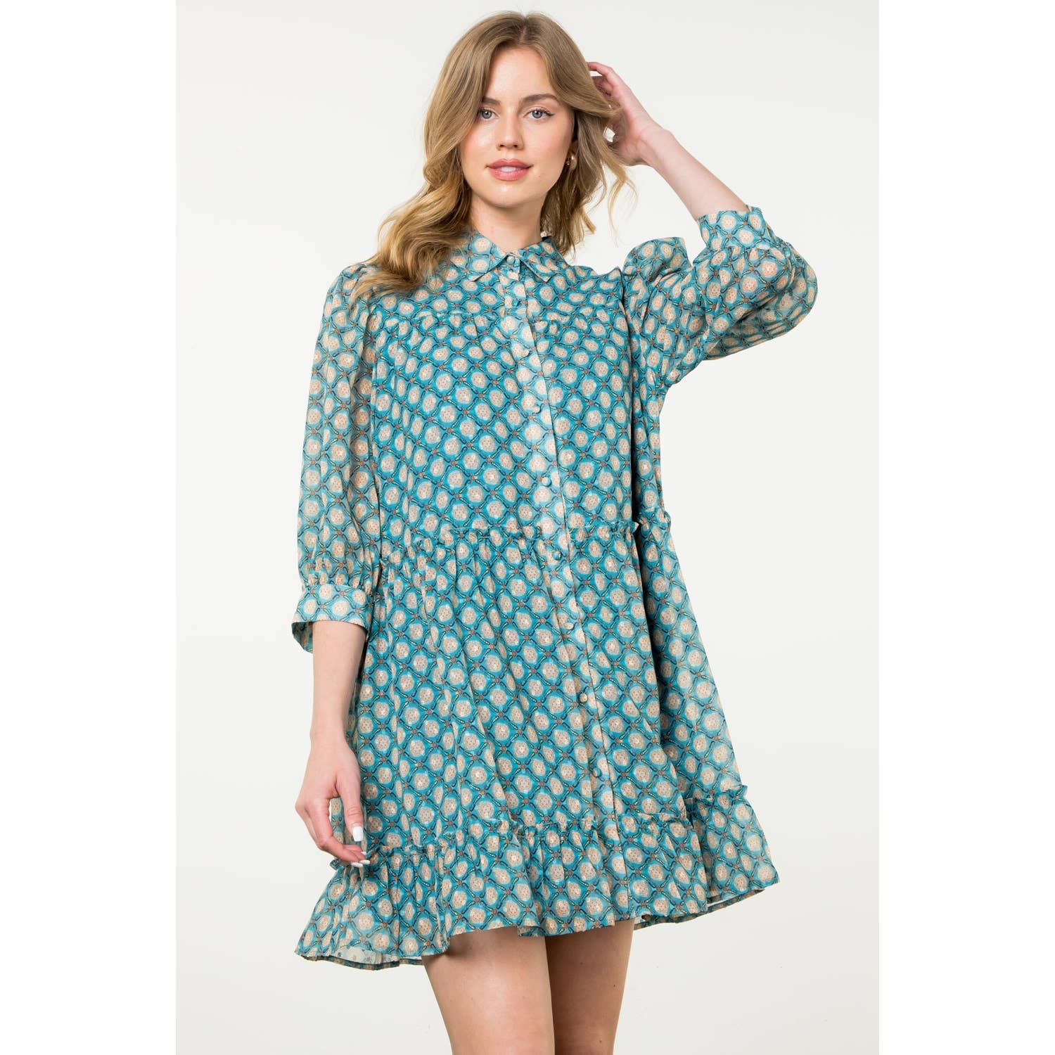 Teal Short Sleeve Print Dress