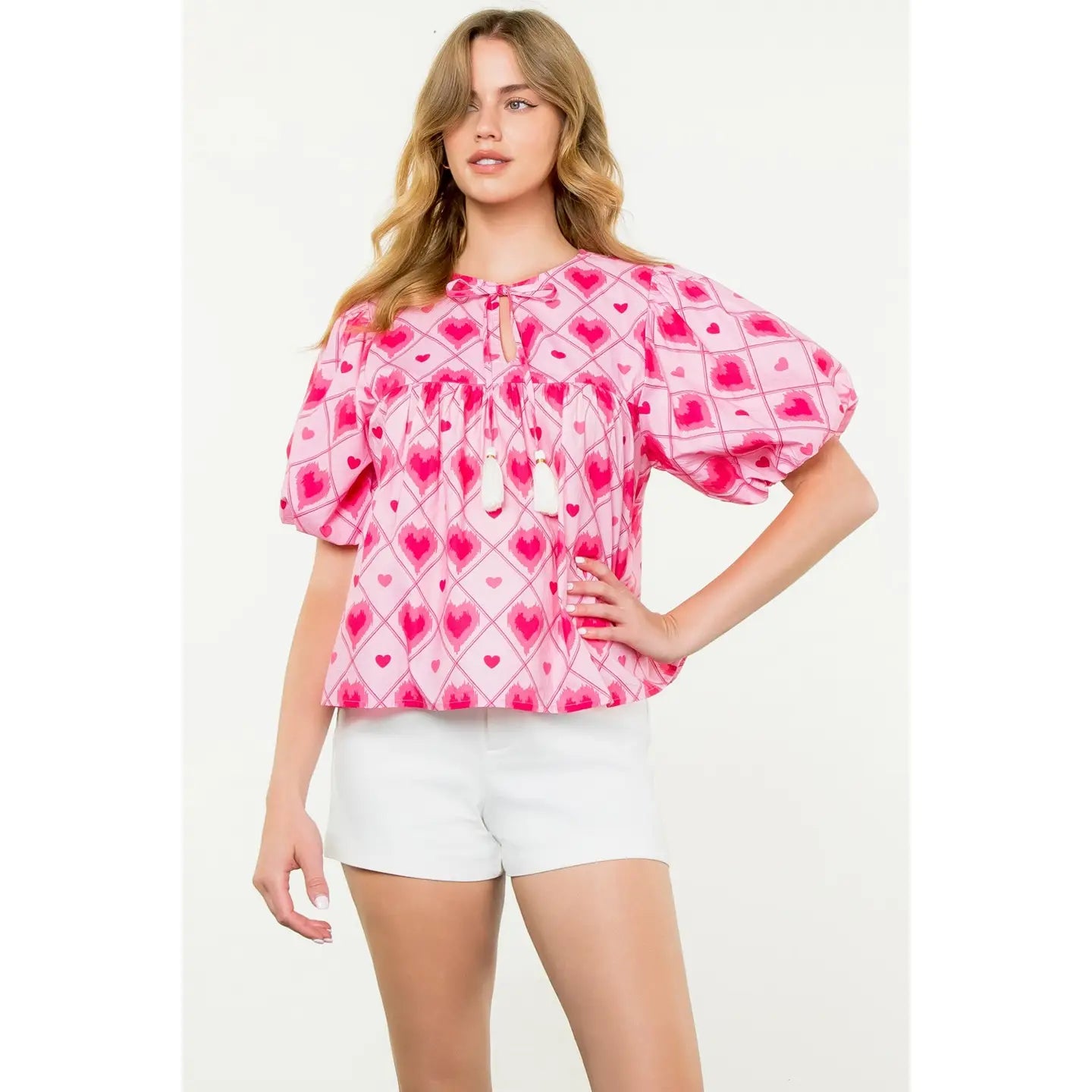 Delia Puff Sleeve Heart Print Top