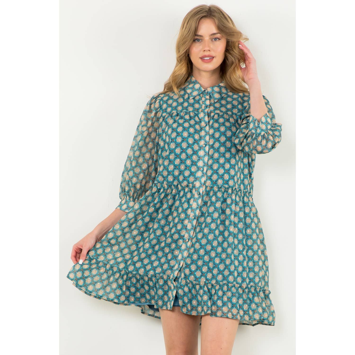 Teal Short Sleeve Print Dress