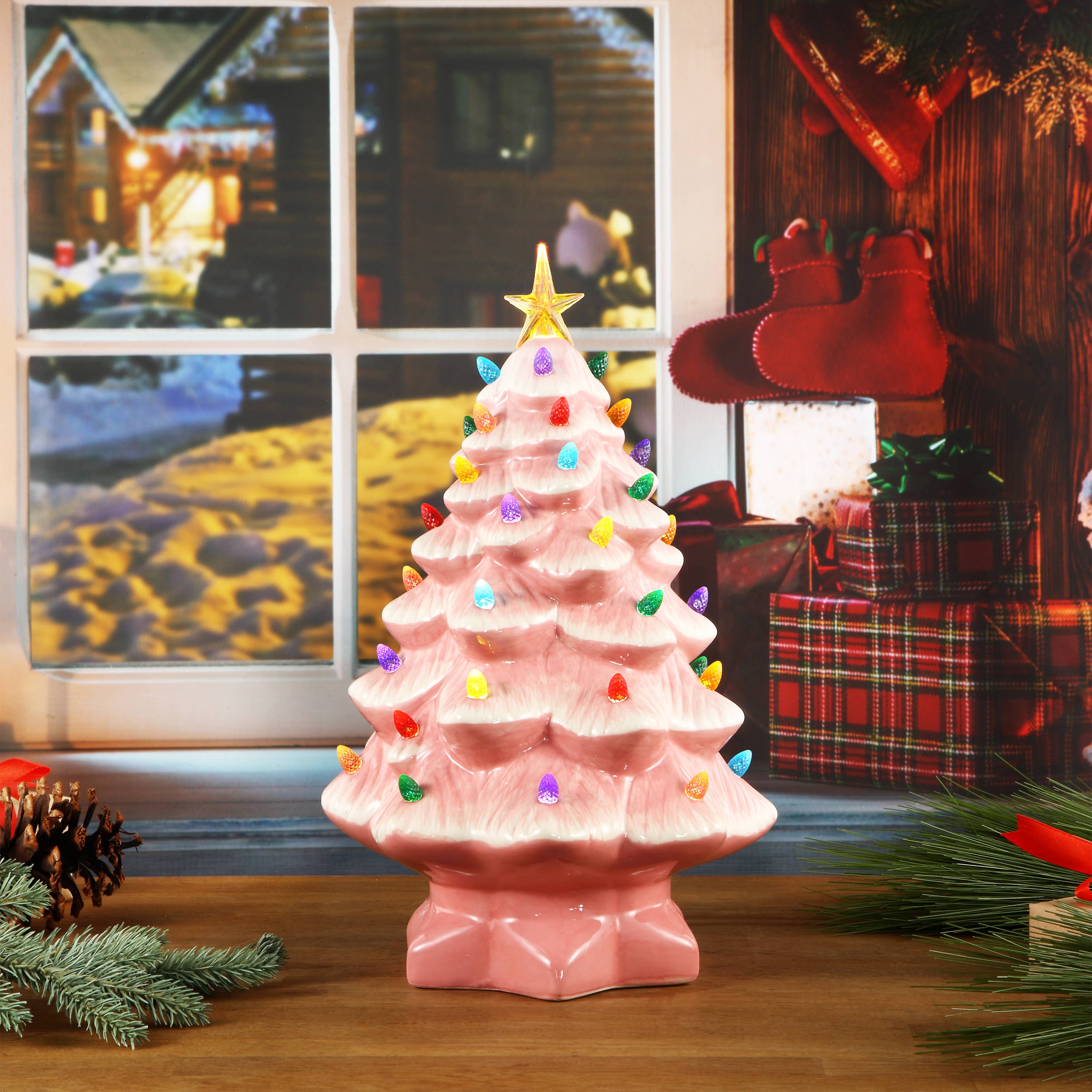 14" Pink Vintage Light Up Ceramic Tree