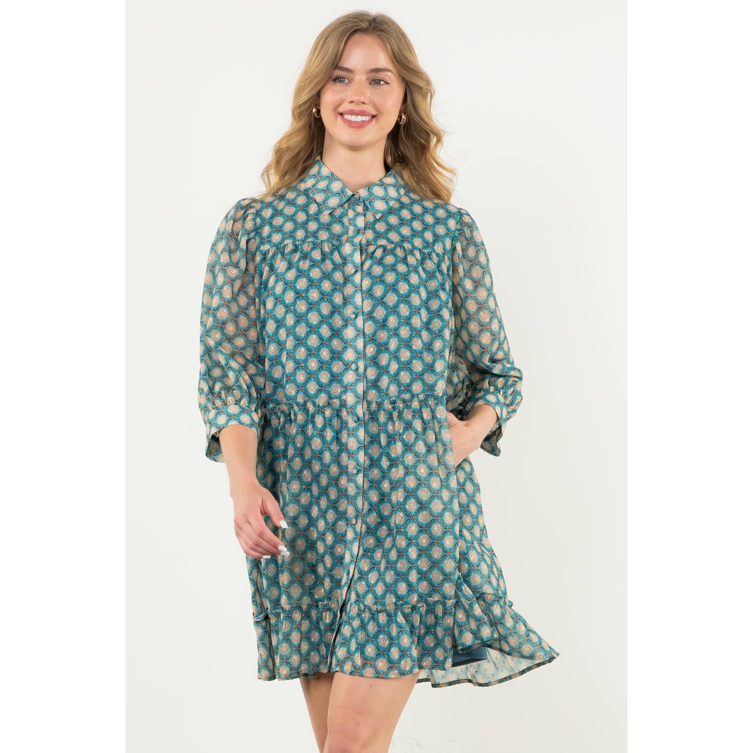 Teal Short Sleeve Print Dress