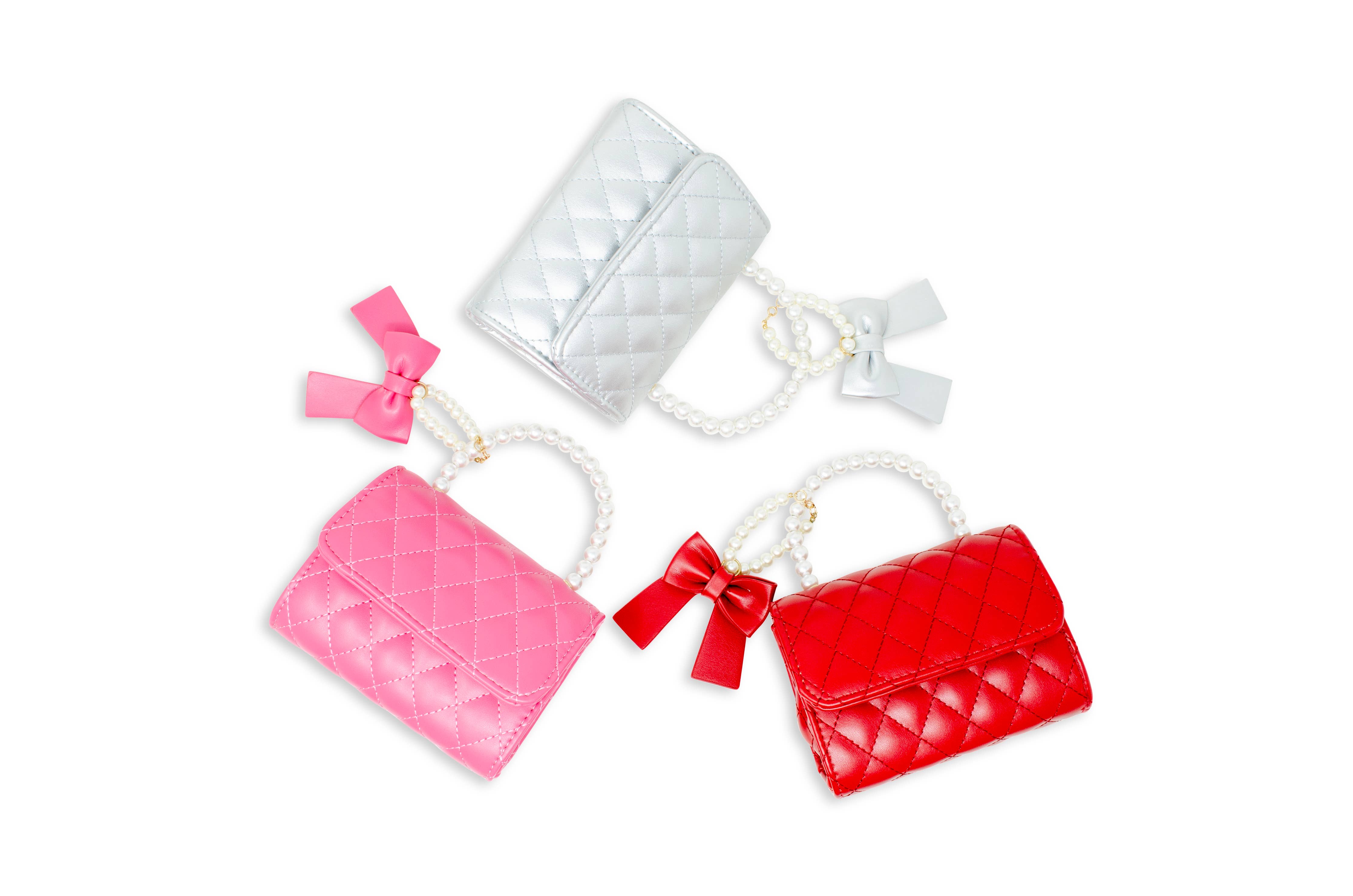 Quilted Pearl Handle Bow Ribbon Handbag