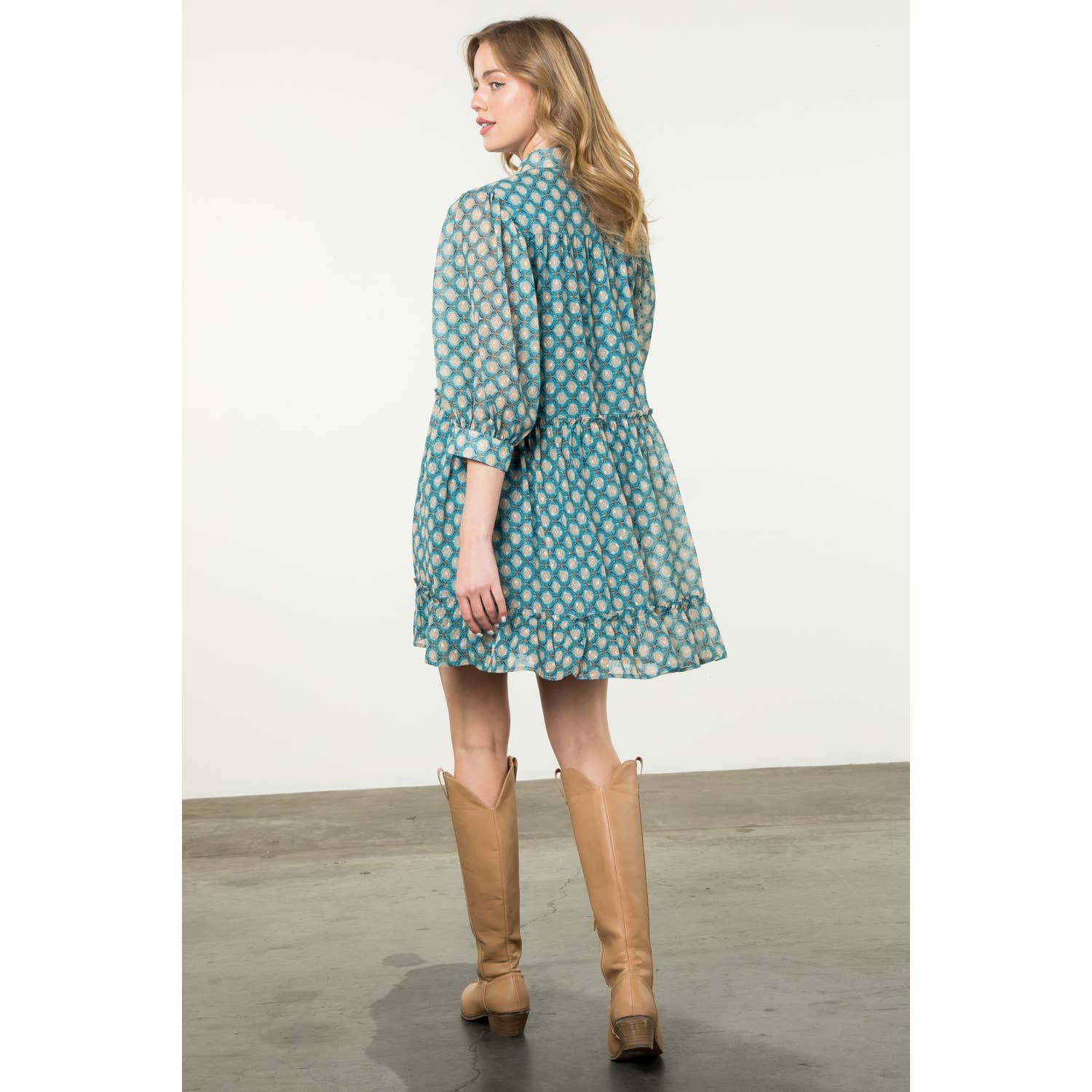 Teal Short Sleeve Print Dress