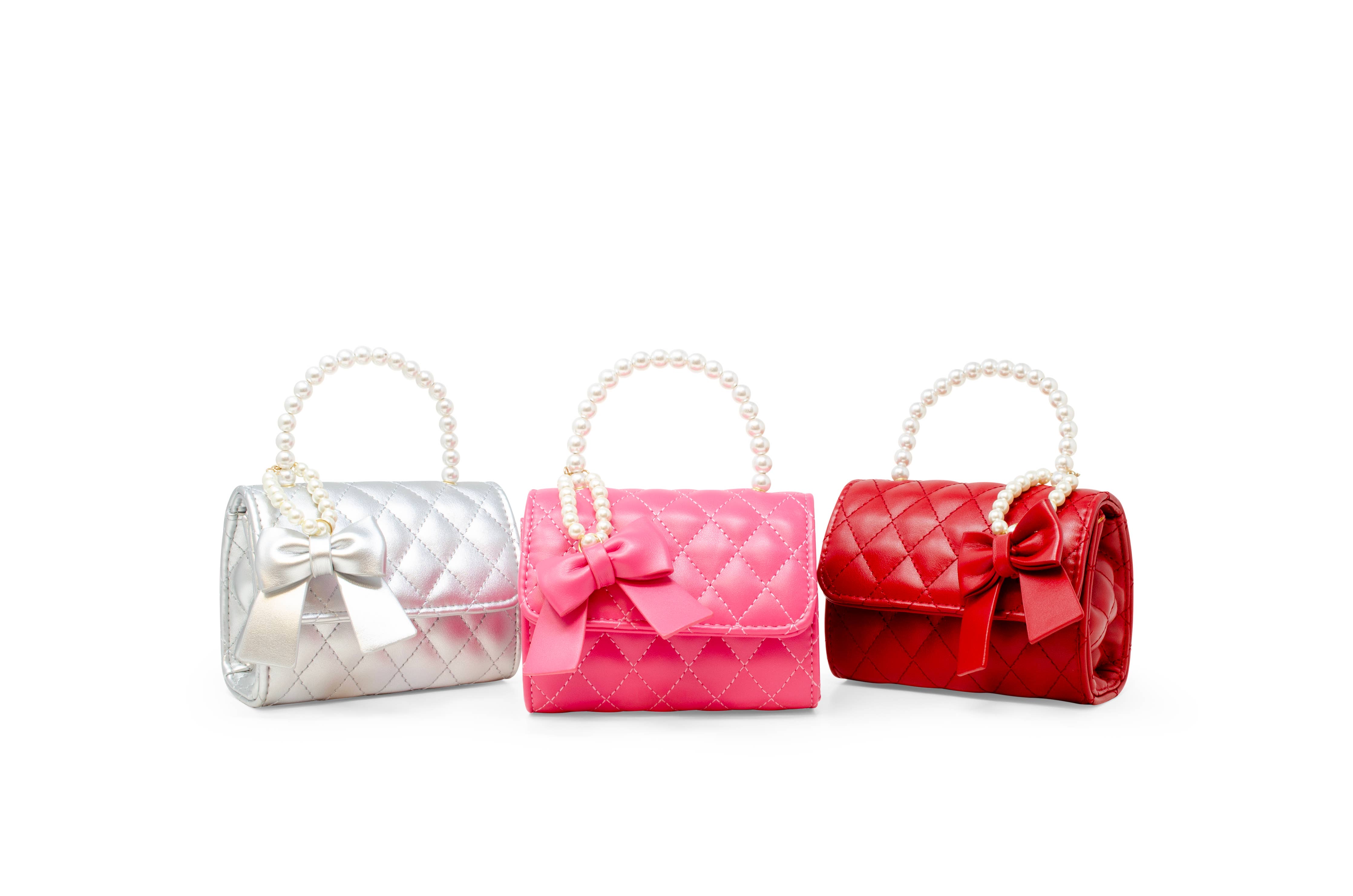 Quilted Pearl Handle Bow Ribbon Handbag