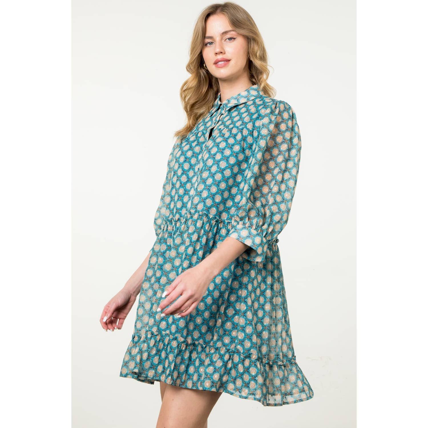 Teal Short Sleeve Print Dress