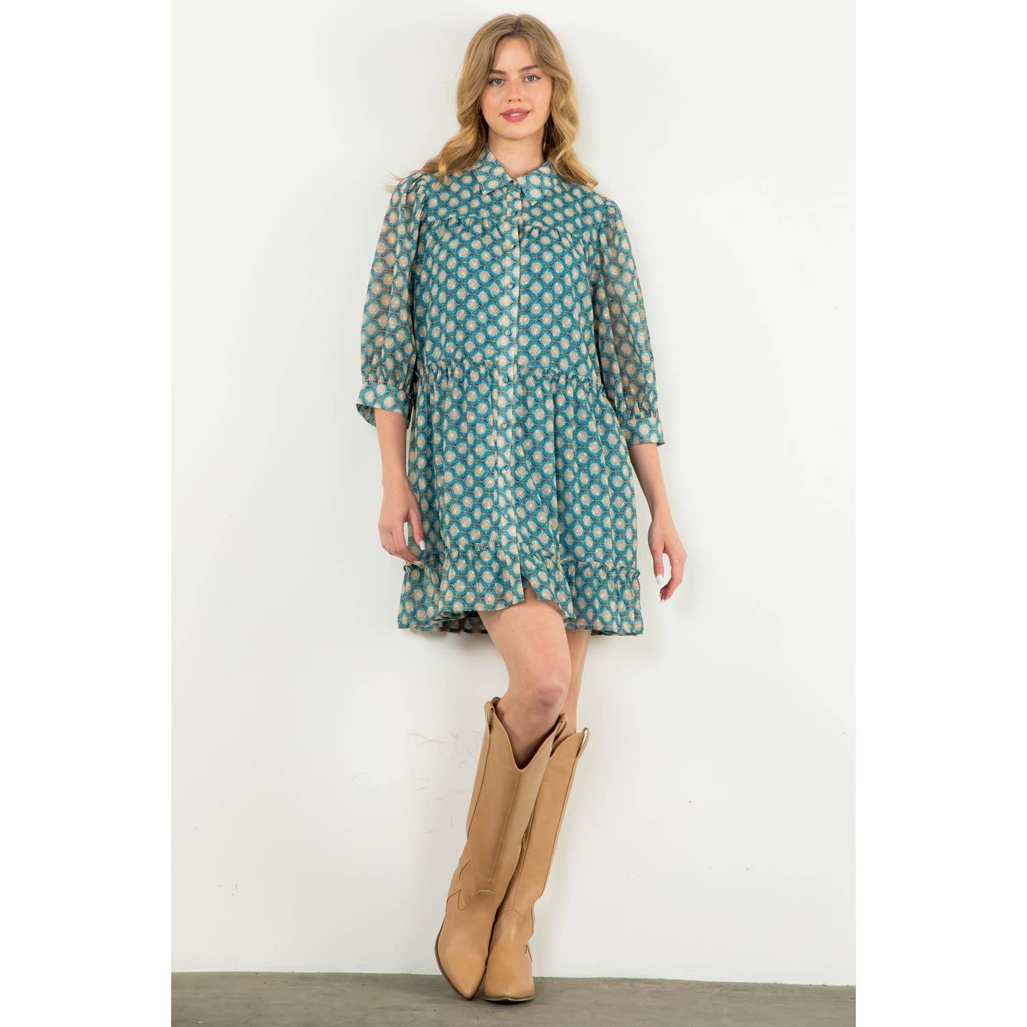 Teal Short Sleeve Print Dress