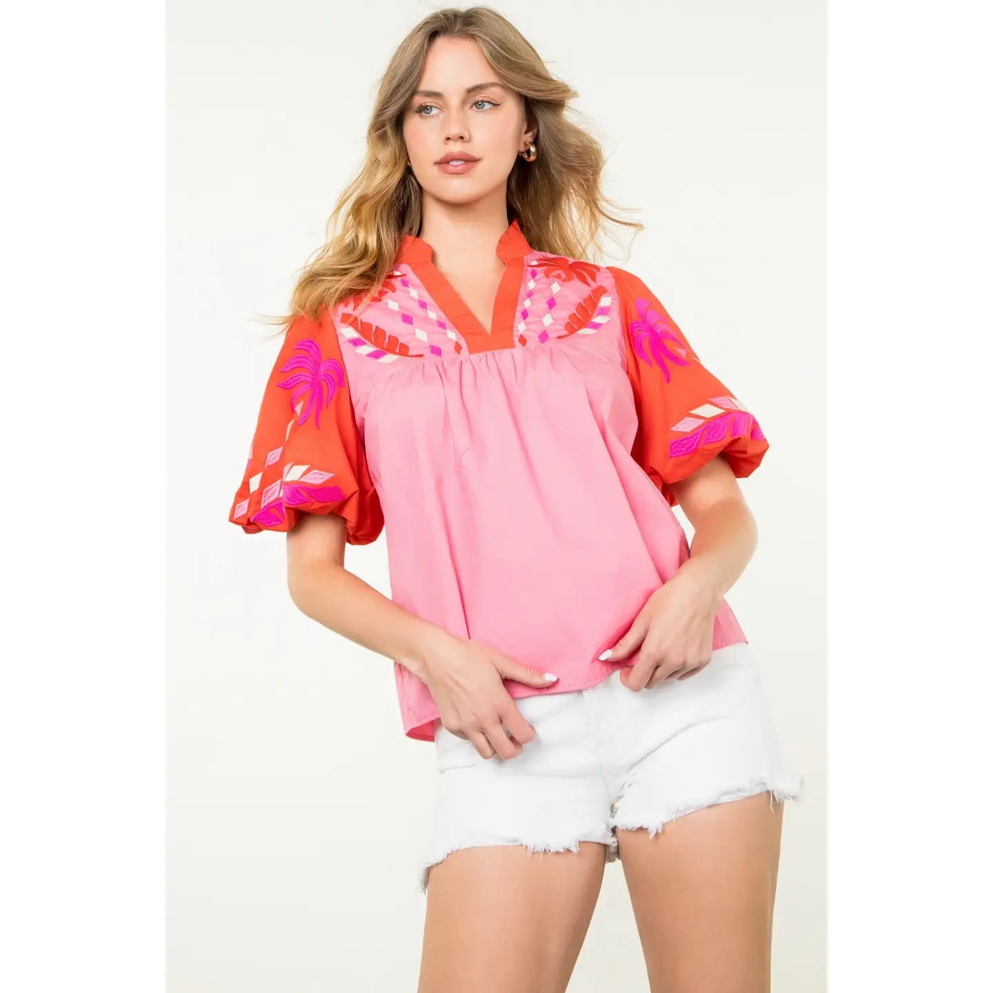 Diana Puff Sleeve Embroidered V-Neck Top